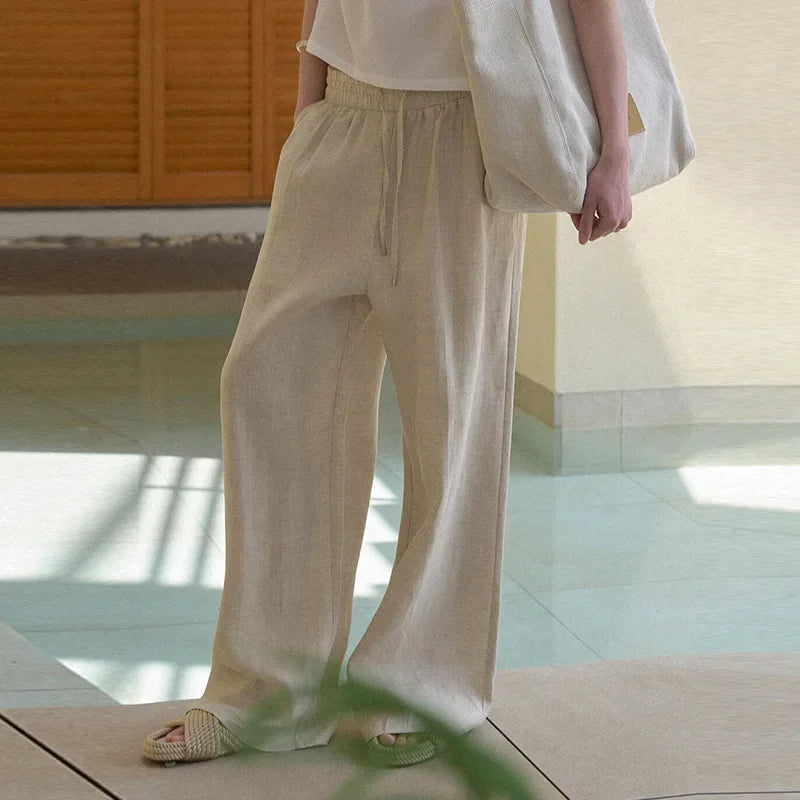 100% Linen Casual Women's Trousers 2025 Spring And Summer New Solid Color Simple Ladies Pockets Long Straight Pants